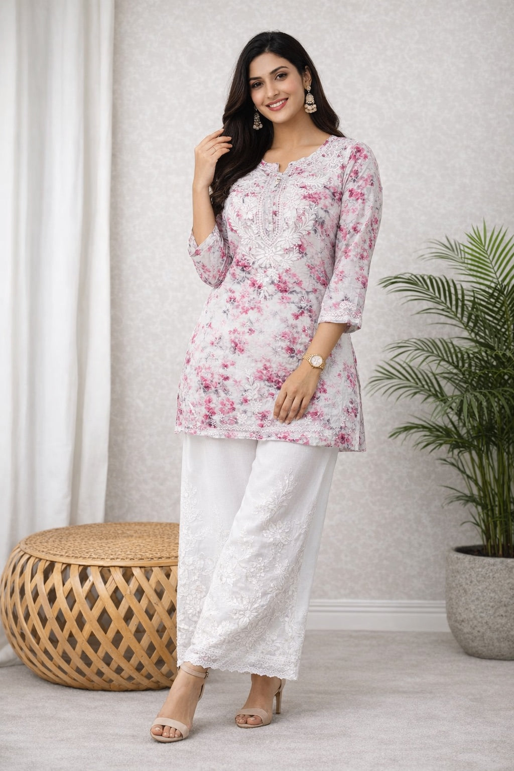 Karigiri White Pink Floral Chikankari Printed Cotton Short Kurti_KF0146