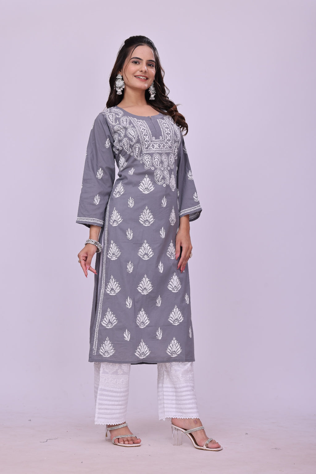 Karigiri Grey Chikankari Modal Cotton Kurti_KF0041