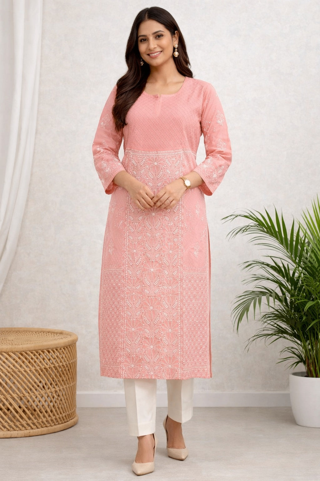 Karigiri Peach Lucknowi Chikankari Cotton Kurti_KF0049
