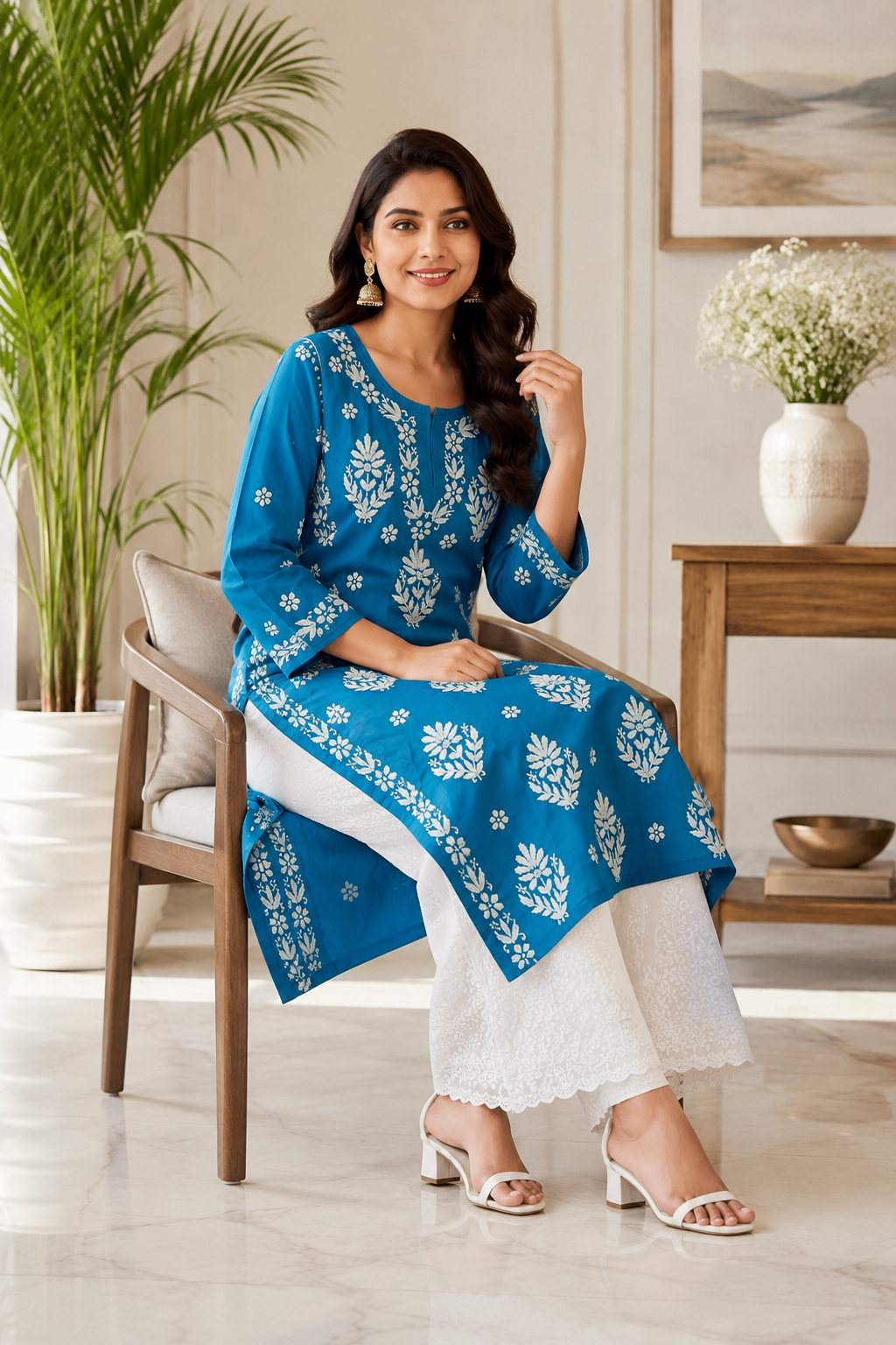 Karigiri Royal Blue Chikankari Mulmul Cotton Kurti_KF0174