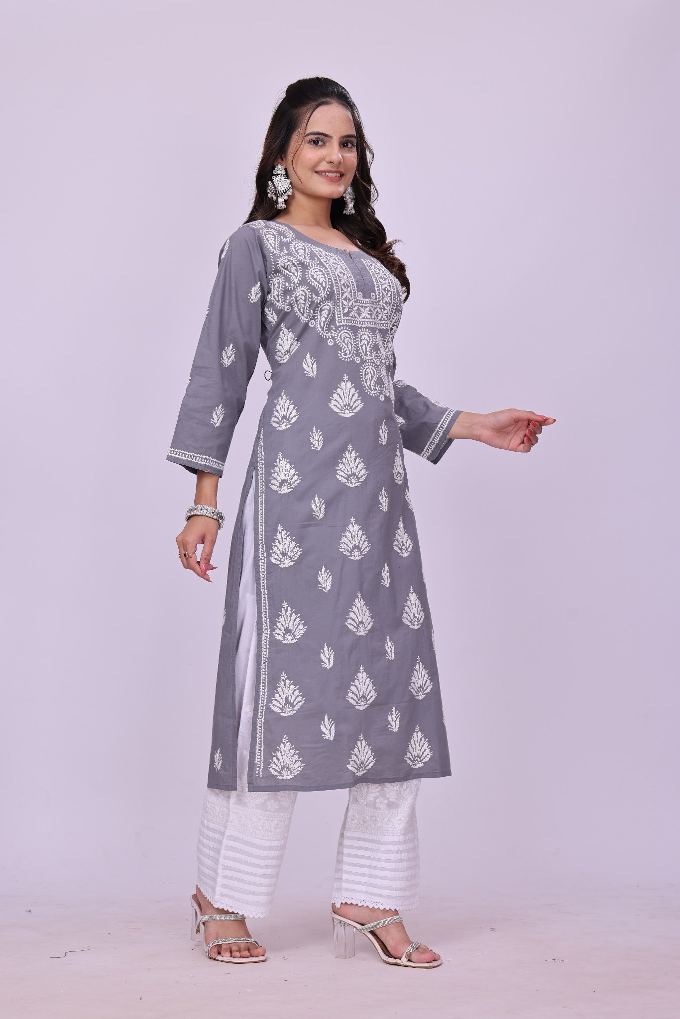 Karigiri Grey Chikankari Modal Cotton Kurti_KF0041