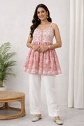 Karigiri Pink Chikankari Soft Printed Cotton Spaghetti Short Kurti_KF0151