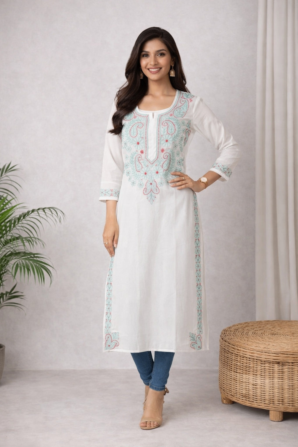 Karigiri White Chikankari Cotton Kurti_KF0193