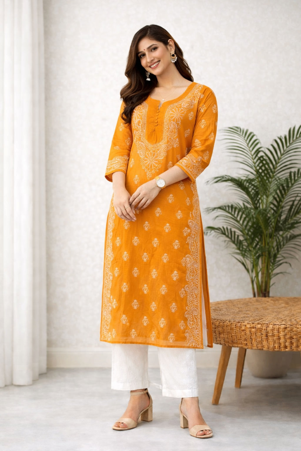 Karigiri Mustard Yellow Chikankari Cotton Kurti Women_KF0134