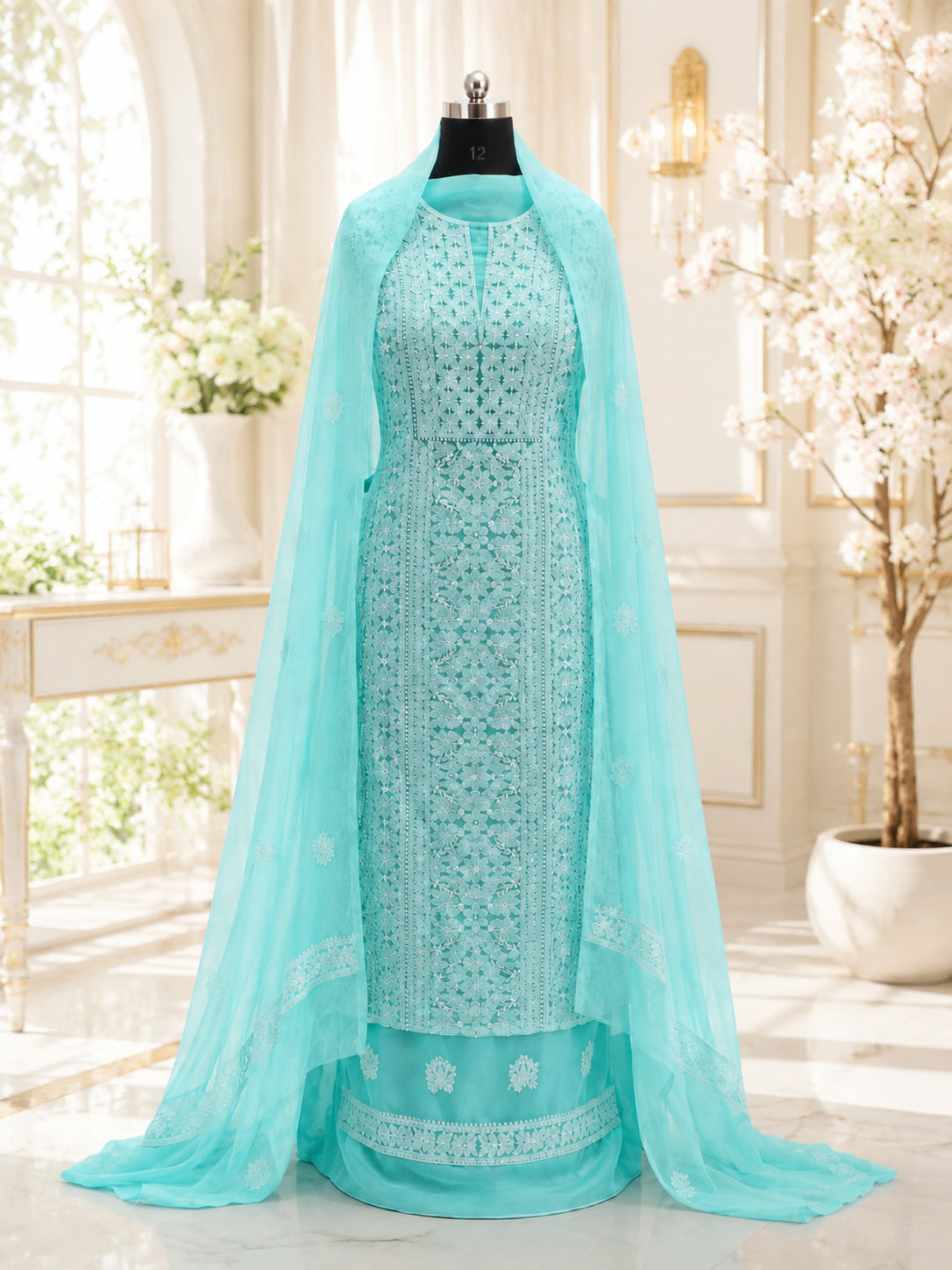 Karigiri Mint Aqua Hand Embroidered Georgette Suit Set_AFG023