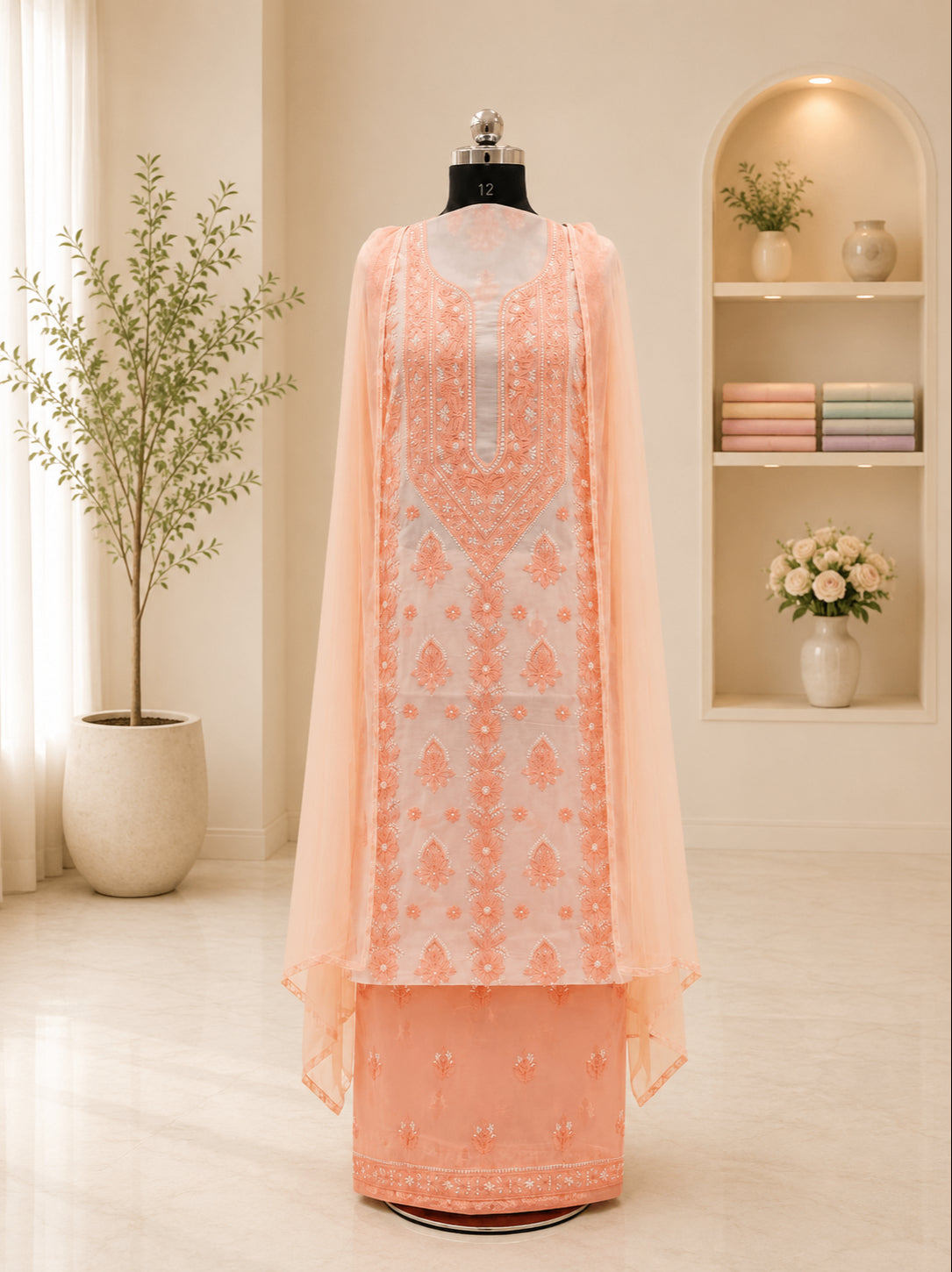 Karigiri Light Peach Hand Embroidered Cotton 3-Piece Set_AFC009