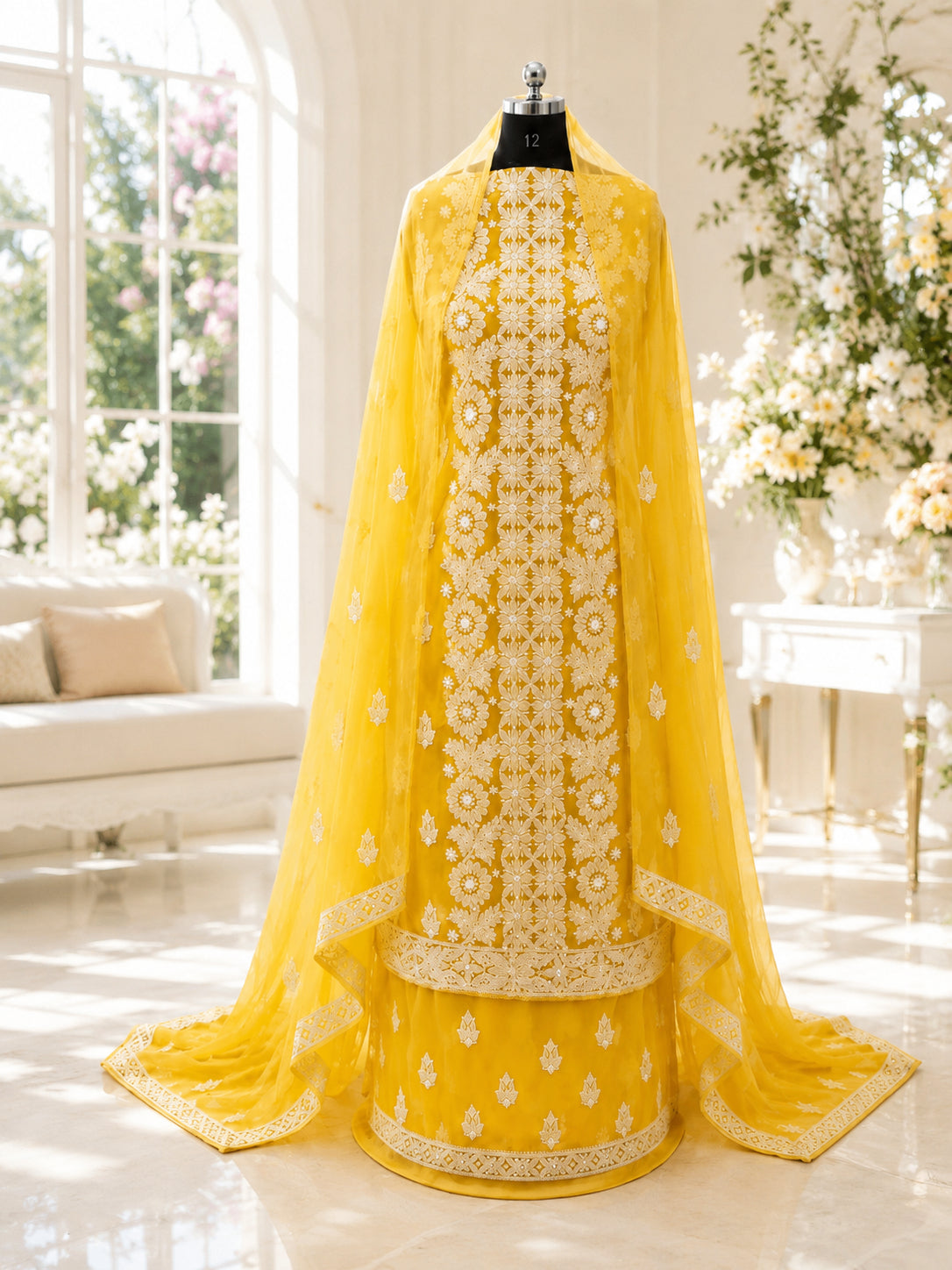 Karigiri Golden Yellow Hand Embroidered Georgette Dress_AFG038