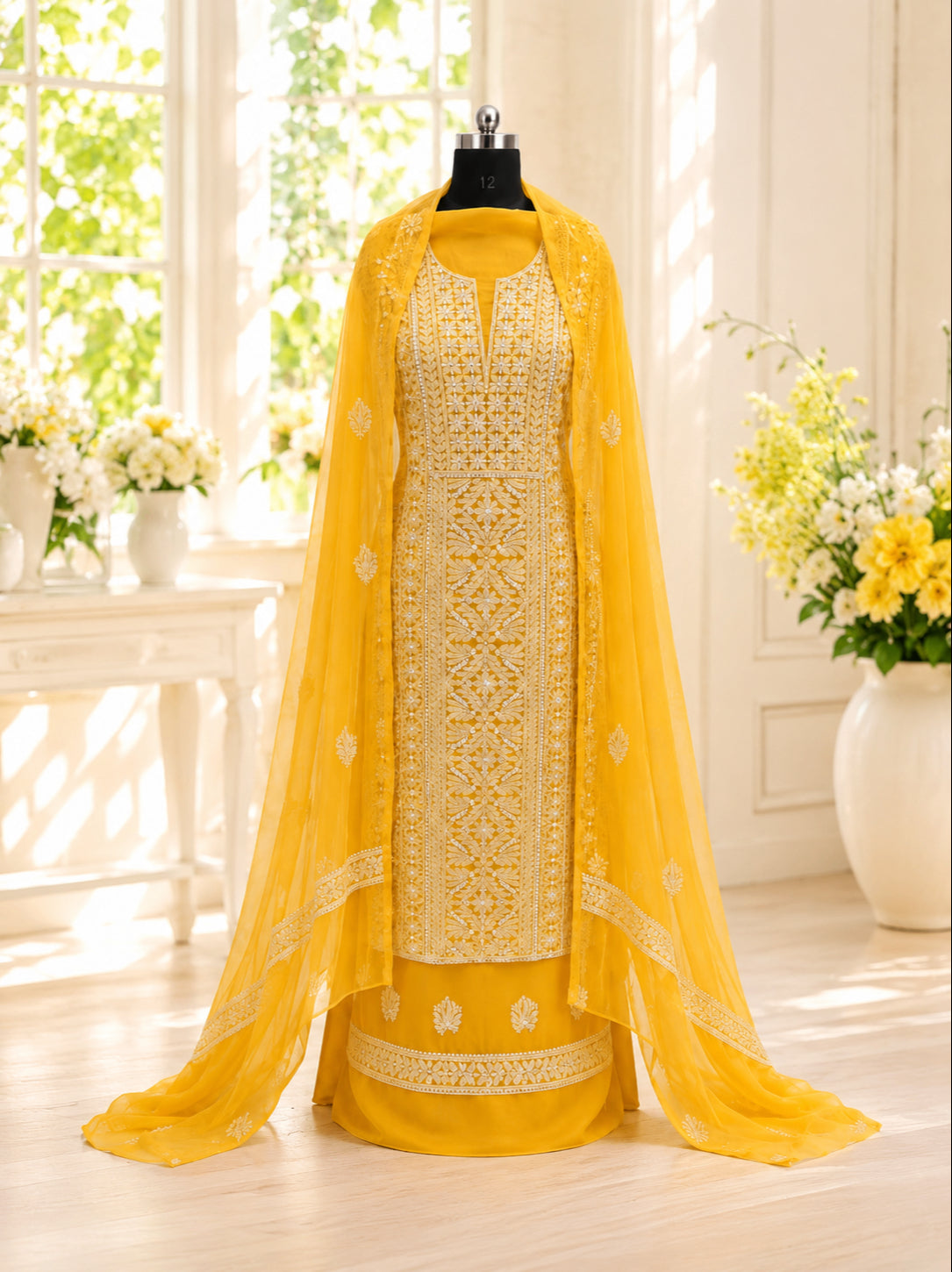 Karigiri Mustard Yellow Hand Embroidered Georgette 3-Piece_AFG022