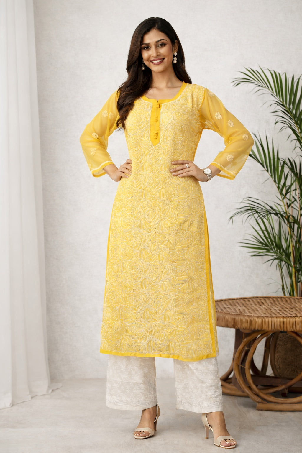 Karigiri Sunshine Yellow Chikankari Georgette Kurti_KF0067