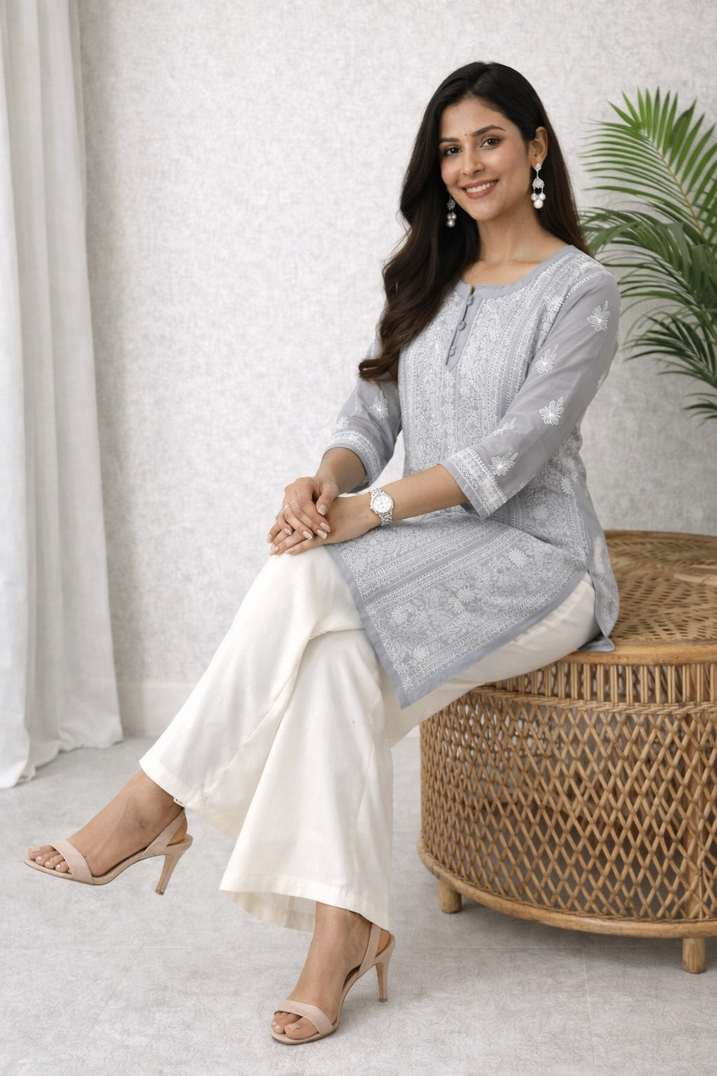 Karigiri Grey Georgette Chikankari Short Kurti_KF0043