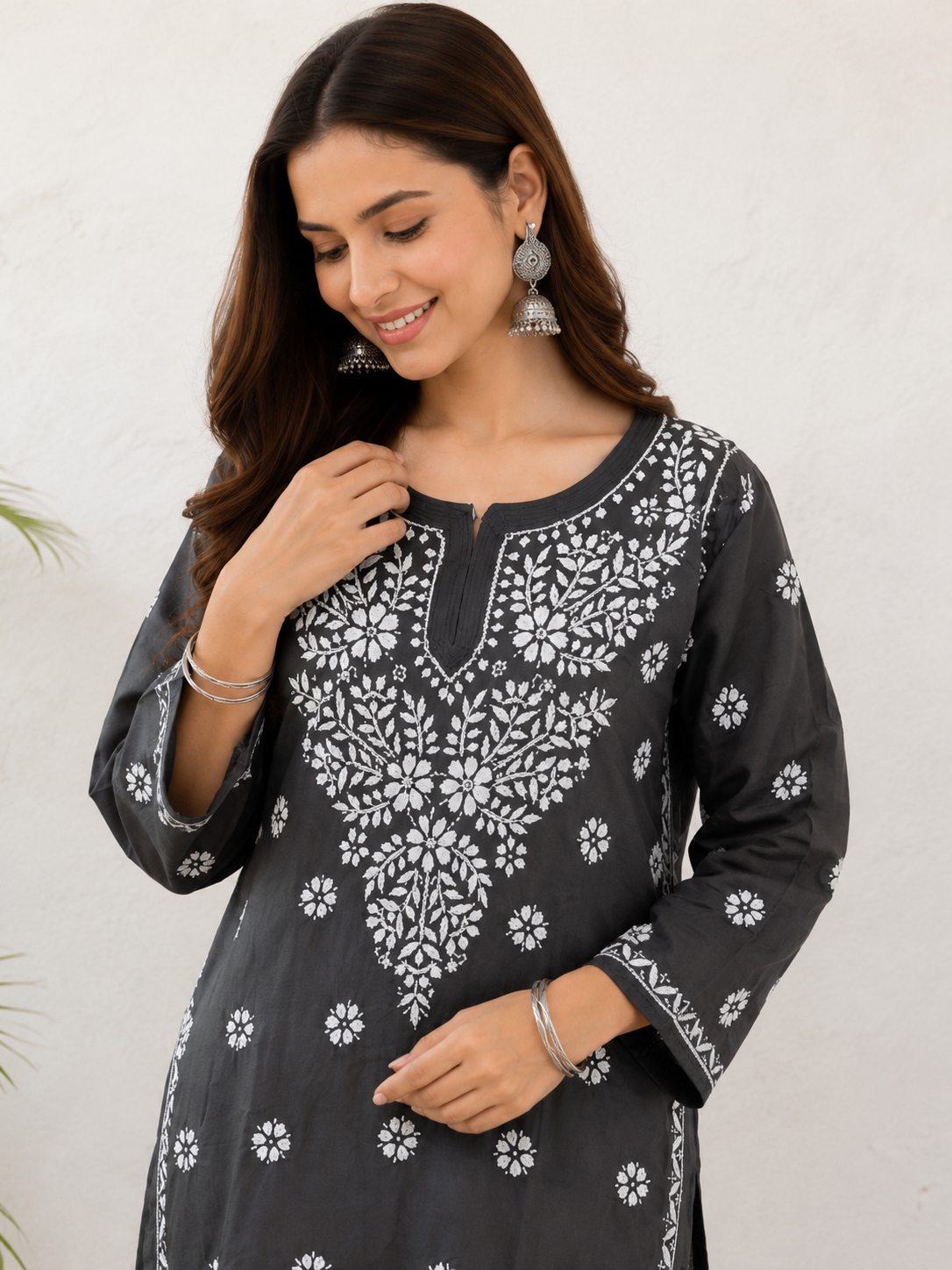 Karigiri Dark Grey Lucknowi Chikankari Hand Embroidered Soft Mulmul Cotton Straight Kurti for Women | Calf Length | 3/4 Sleeve_KFDG0413