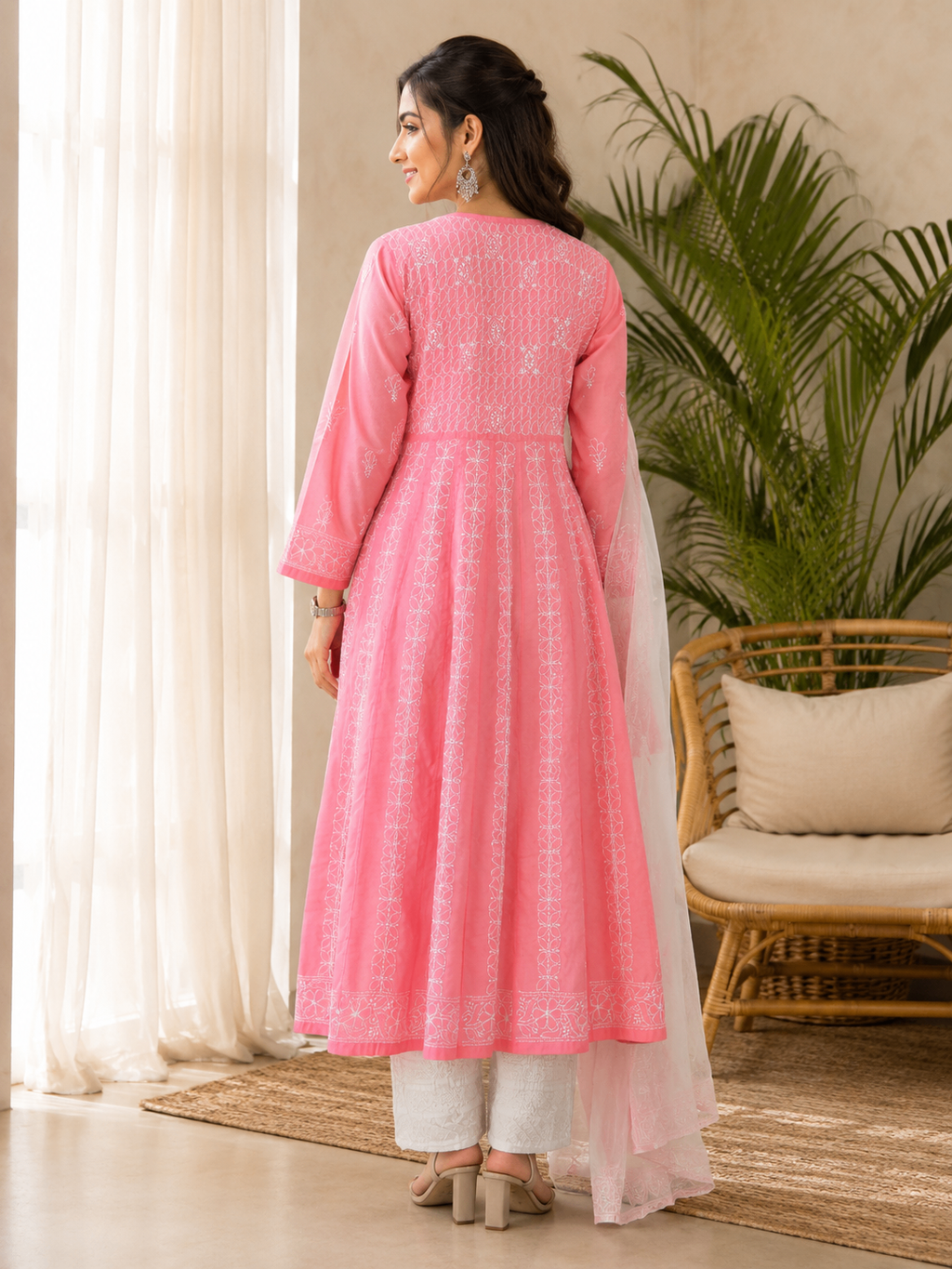Karigiri Candy Pink Hand Embroidered Chikankari Cotton Anarkali Kurti