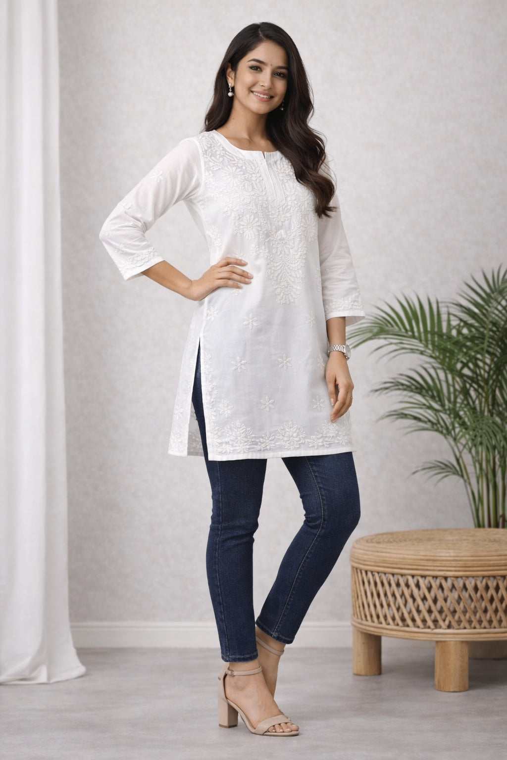 Karigiri White Chikankari Rayon Short Kurti_KF0201