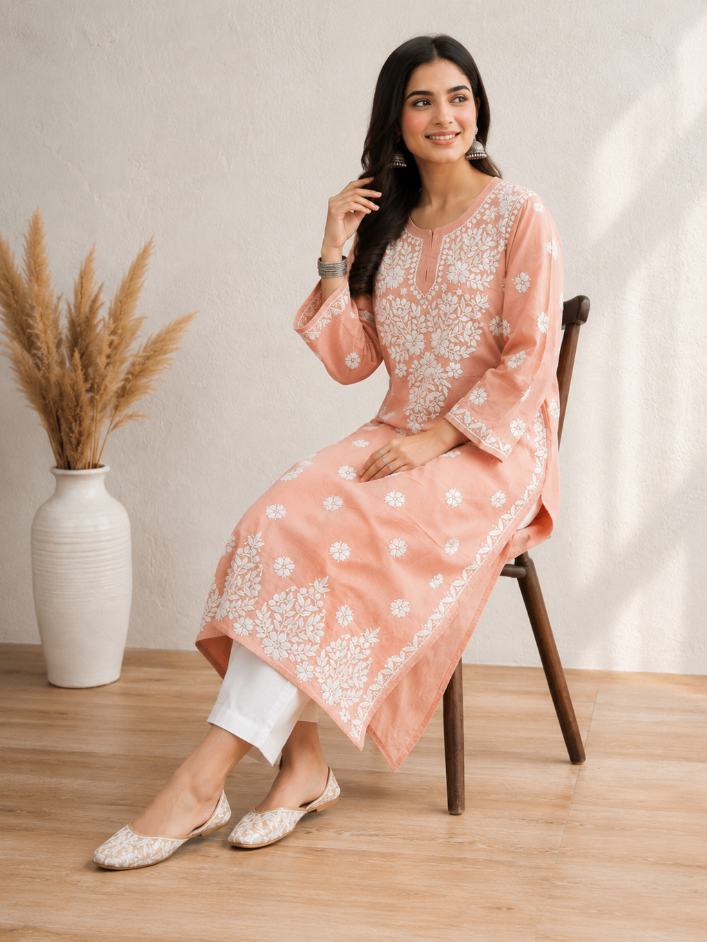 Karigiri Peach Pink Lucknowi Chikankari Hand Embroidered Mulmul Cotton Straight Kurti with White Floral Embroidery, 3/4 Sleeve, Ethnic Wear for Women_KFPP0414