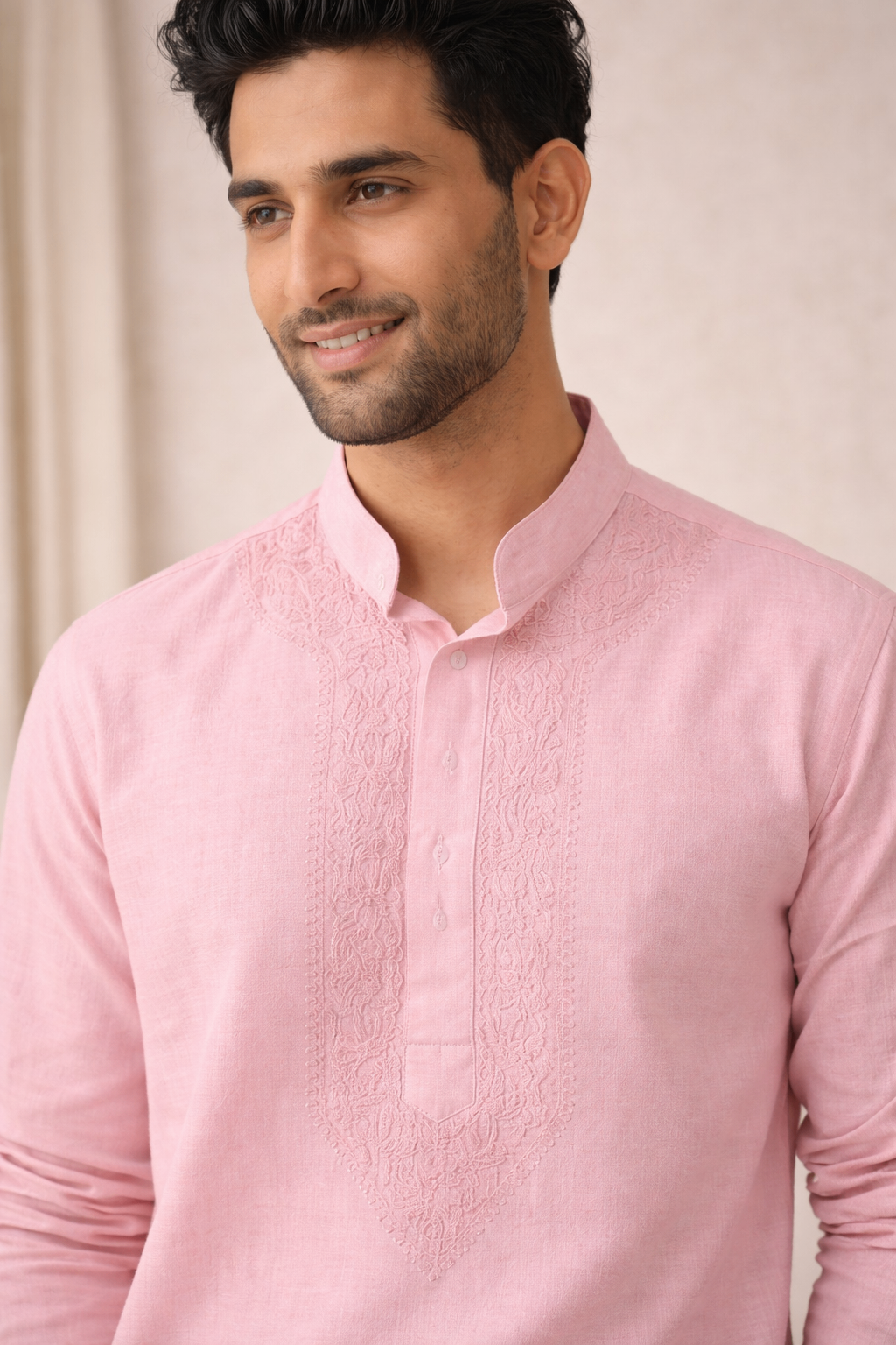 Karigiri Baby Pink Chikankari Pure Cotton Kurta Men_KF0004