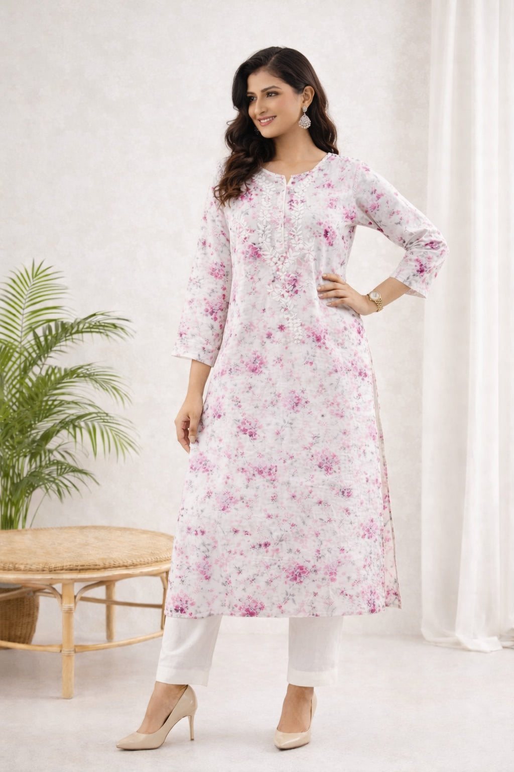 Karigiri Off-White Pink Floral Printed Cotton Chikankari Kurta_KF0216