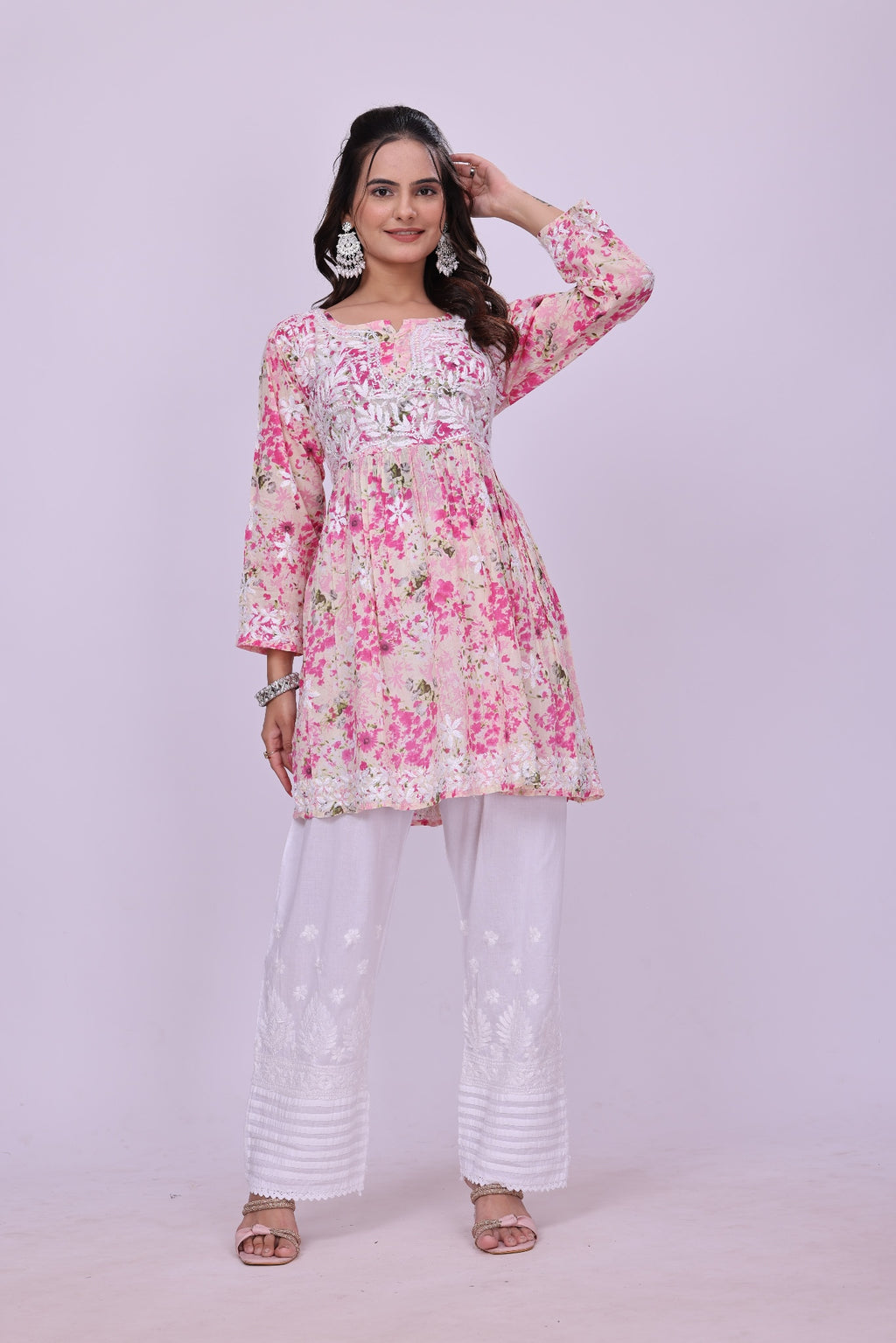 Karigiri Pink Floral Chikankari Frock Style Short Kurti for Women_KF0123