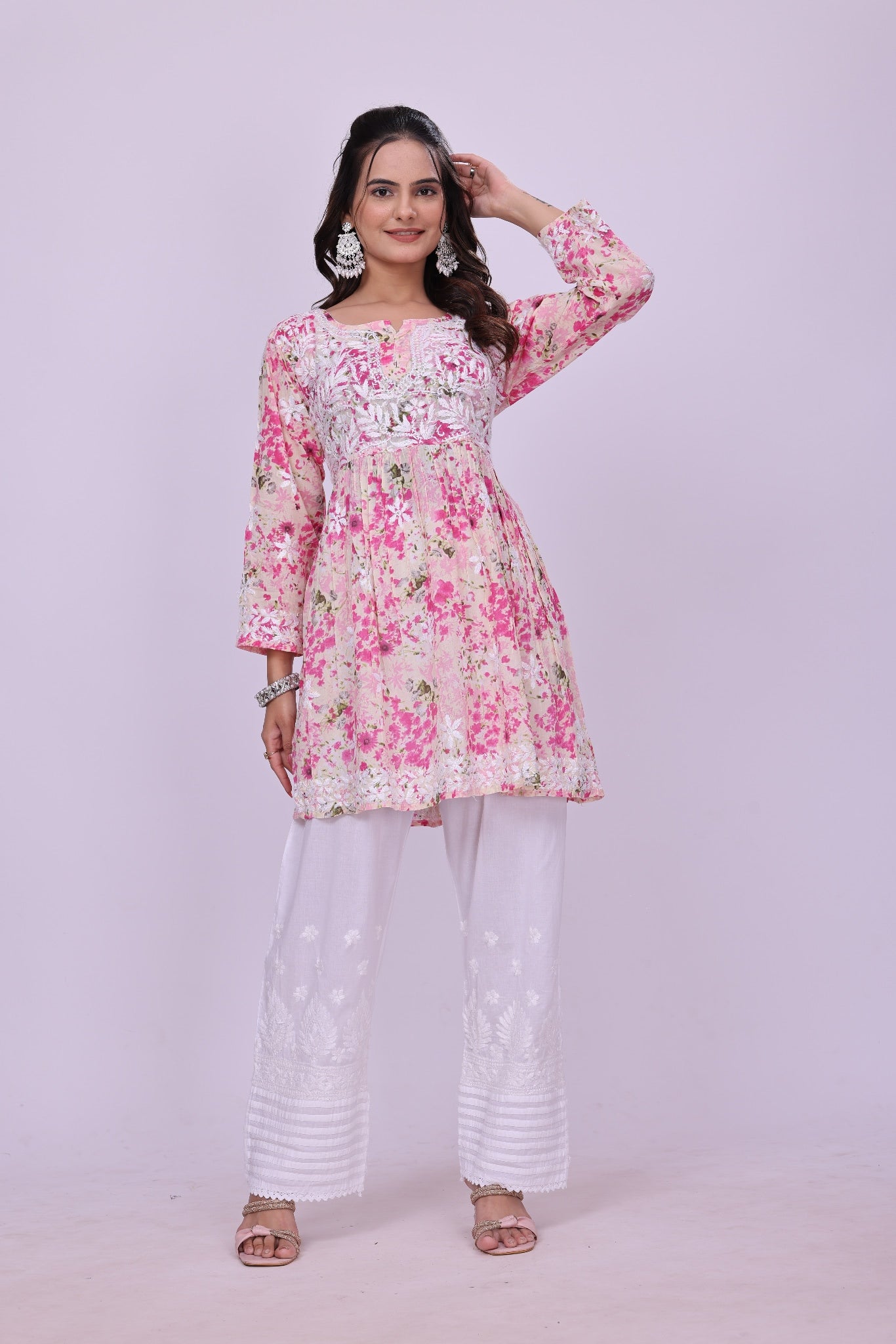 Karigiri Pink Floral Chikankari Frock Style Short Kurti for Women_KF0123