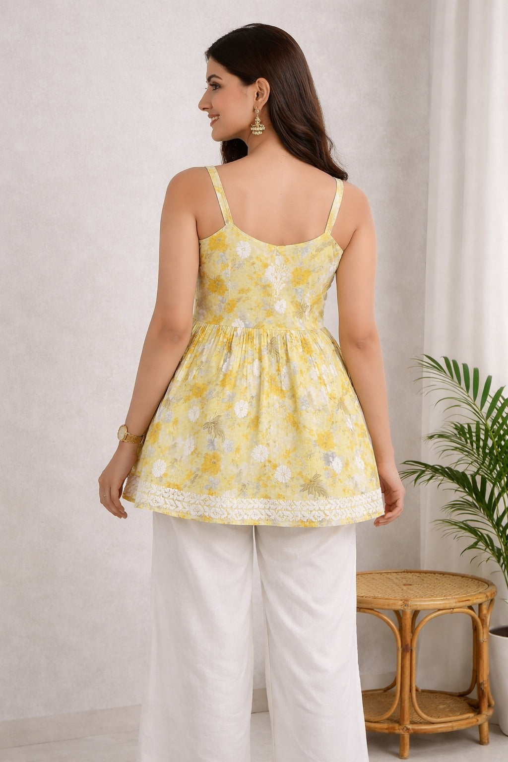 Karigiri Yellow Chikankari Printed Cotton Short Spaghetti Kurti_KF0186