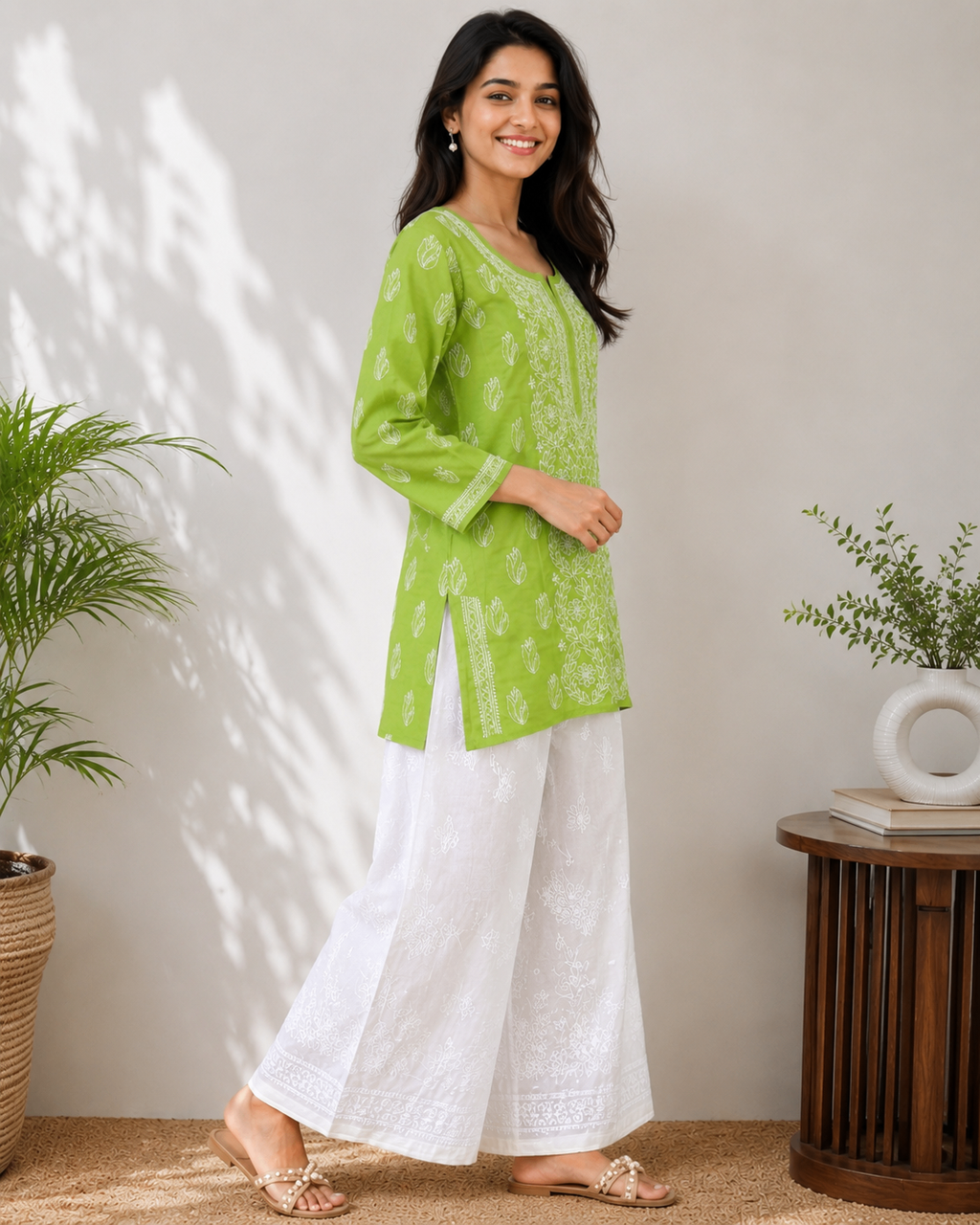 Karigiri Lime Green Floral Chikankari Cotton Short Kurti_KF0300