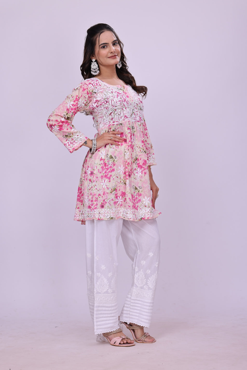 Karigiri Pink Floral Chikankari Frock Style Short Kurti for Women_KF0123