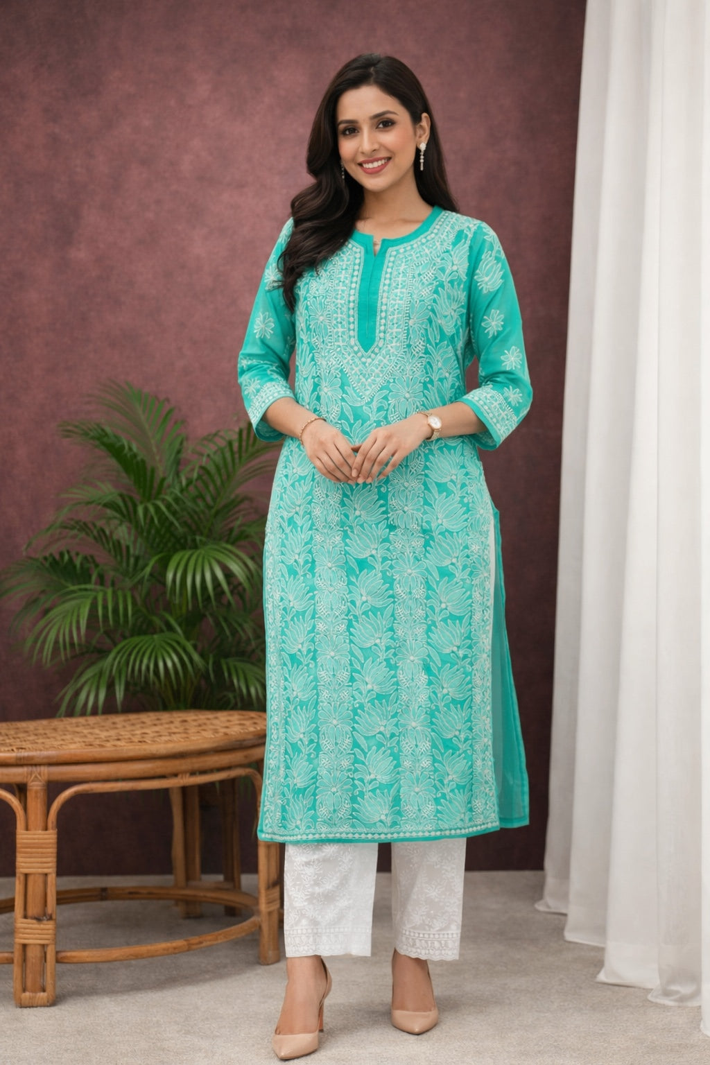 Karigiri Sea Green Chikankari Georgette Kurti_KF0071