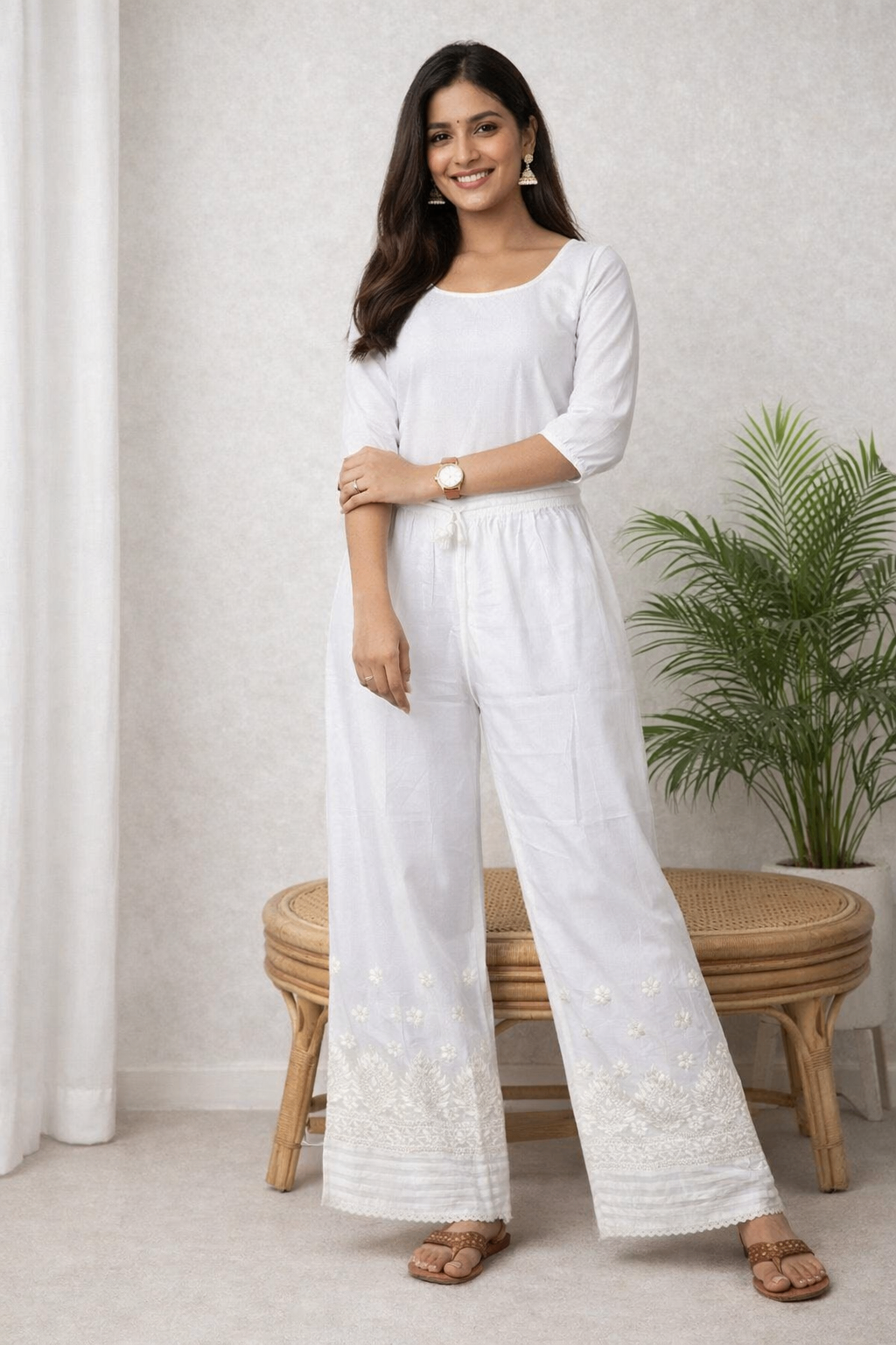 Karigiri White Chikankari Cotton Palazzo Pants_KF0195