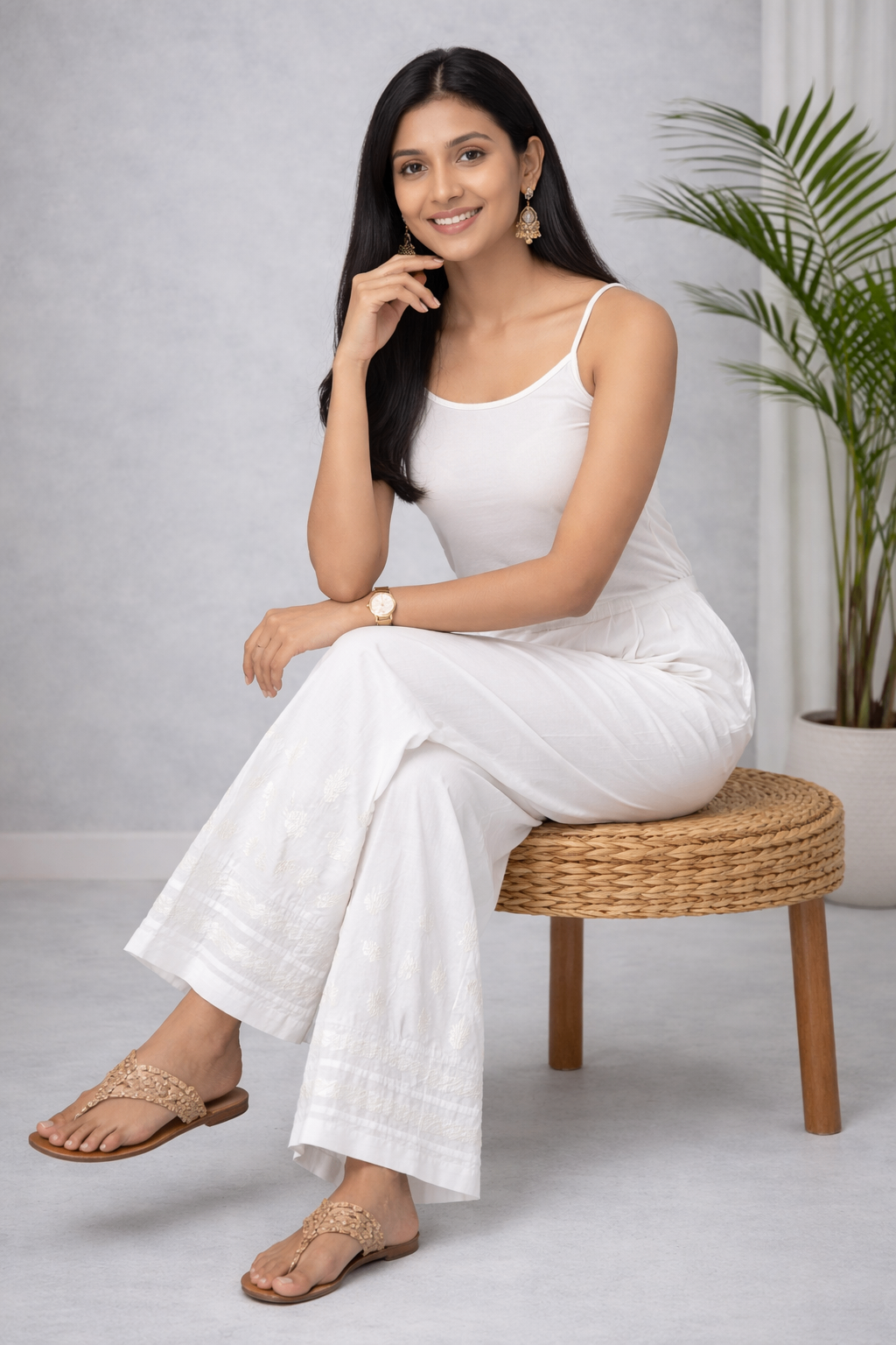 Karigiri White Chikankari Cotton Palazzo Pants_KF0197