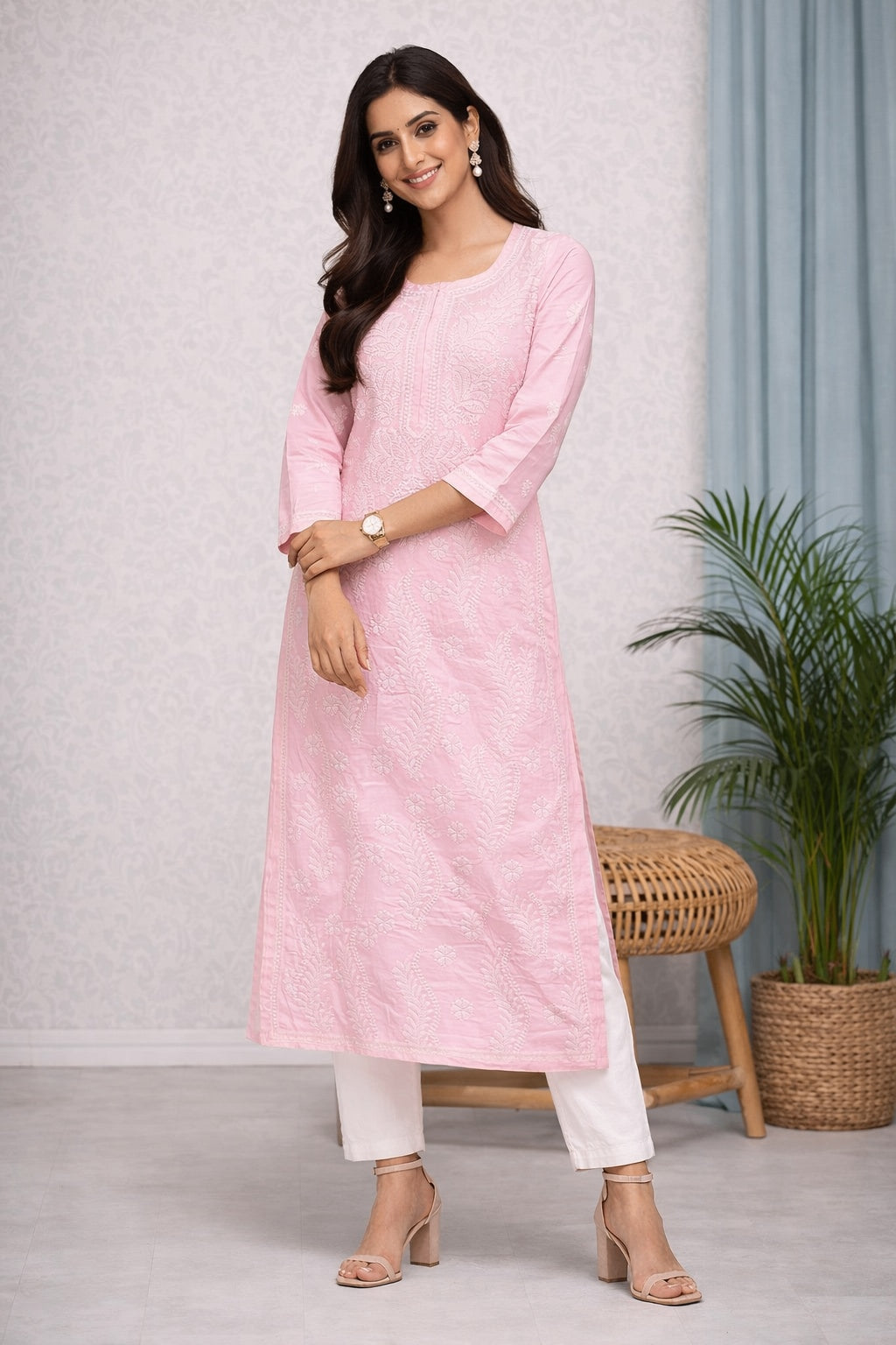 Karigiri Women’s Pure Soft Cotton Kurti, Blush Pink with Lucknowi Chikankari Embroidery, Straight Fit, Round Neck, 3/4 Sleeves