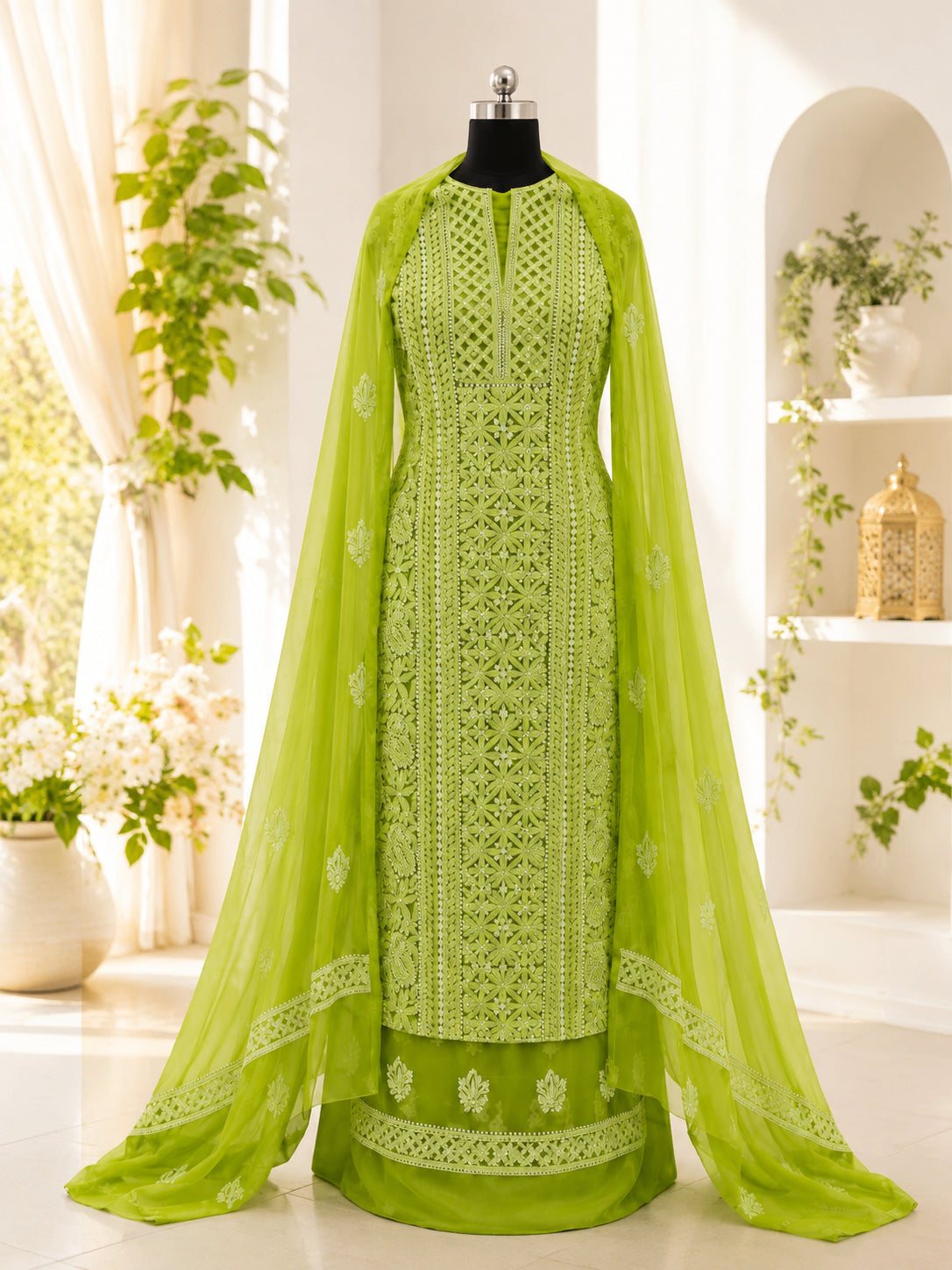 Karigiri Lime Green Hand Embroidered Georgette 3-Piece_AFG024