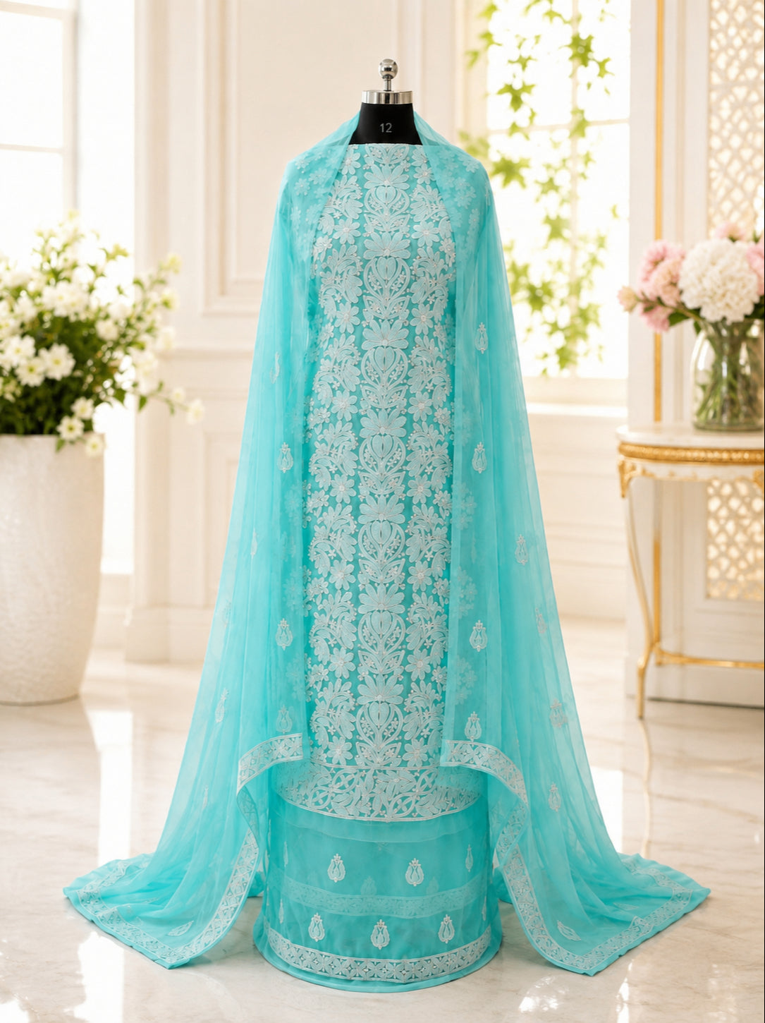 Karigiri Aqua Blue Hand Embroidered Georgette Chikankari Set_AFG061