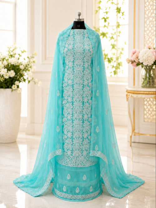 Karigiri Aqua Blue Hand Embroidered Georgette Chikankari Set_AFG061