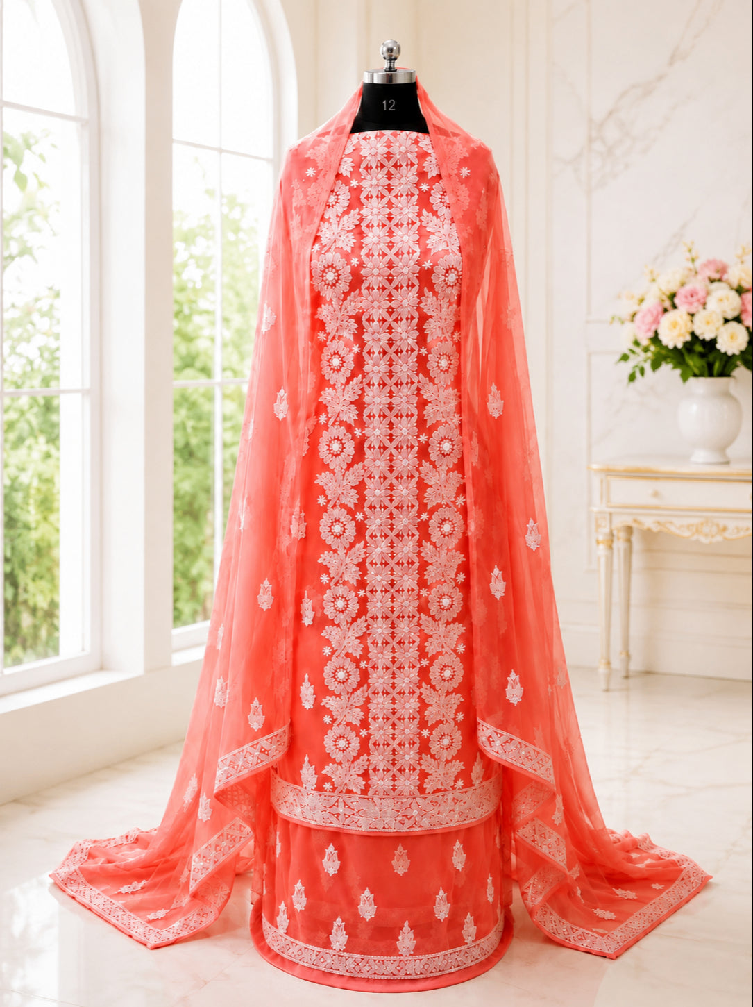 Karigiri Coral Pink Hand Embroidered Georgette Chikankari Set_AFG046