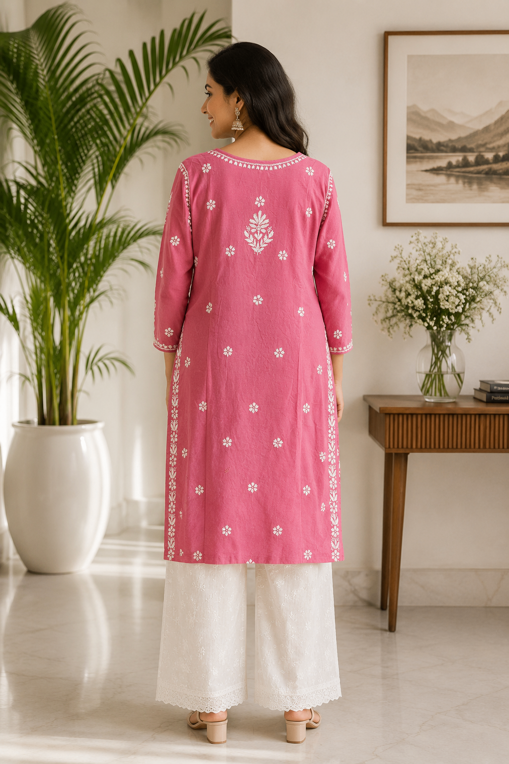 Karigiri Rose Pink Chikankari Mulmul Cotton Kurti_KF0169
