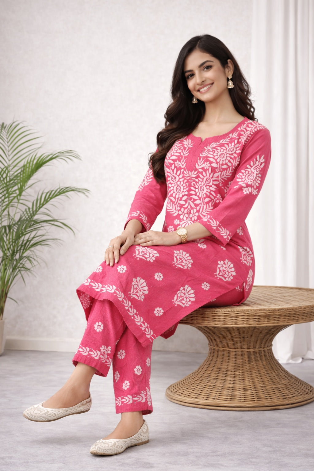 Karigiri Rani Pink Chikankari Kurti Set Soft Mulmul Cotton_KF0162
