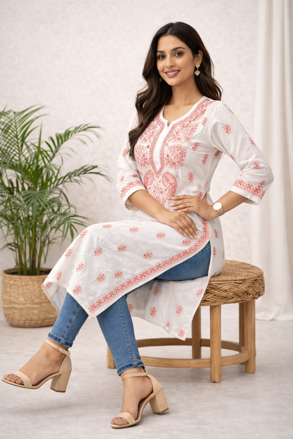 Karigiri White Coral Chikankari Cotton Kurti Women_KF0136