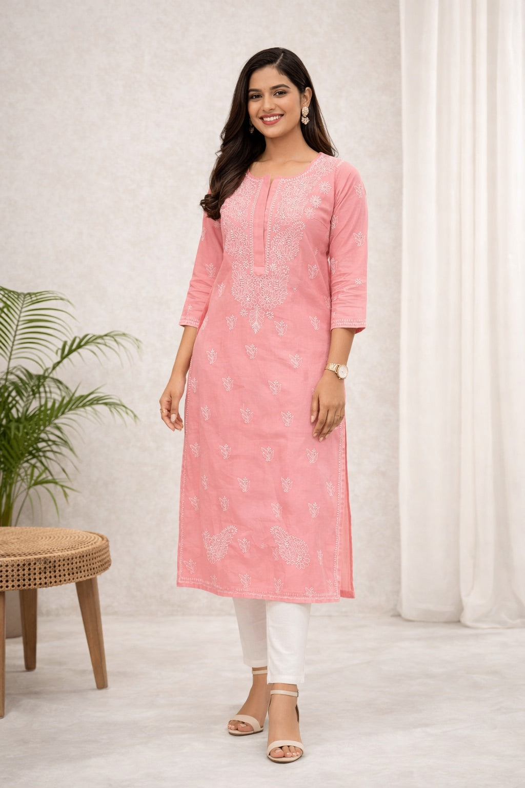 Karigiri Peach Pink Chikankari Cotton Kurti for Women_KF0144