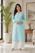 Karigiri Powder Blue Chikankari Cotton Kurti_KF0159