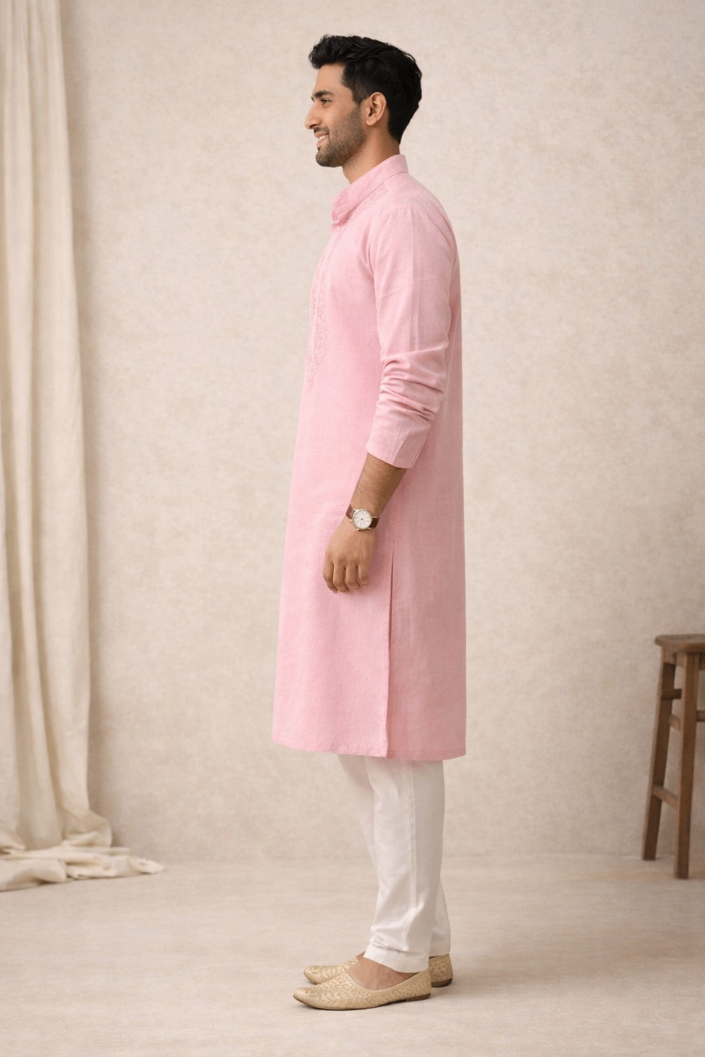 Karigiri Baby Pink Chikankari Pure Cotton Kurta Men_KF0004