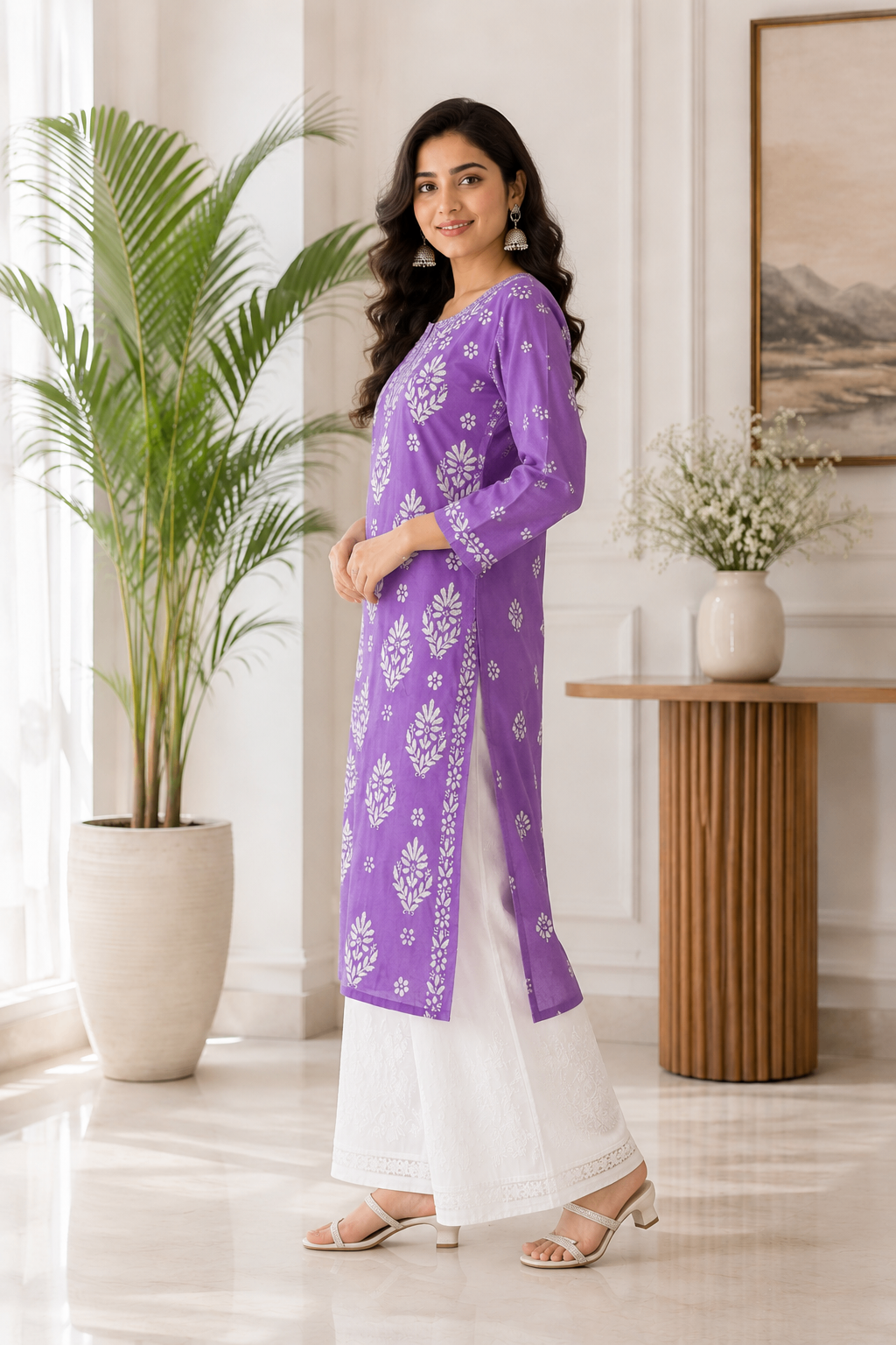 Karigiri Purple Chikankari Soft Mulmul Cotton Kurti_KF0161