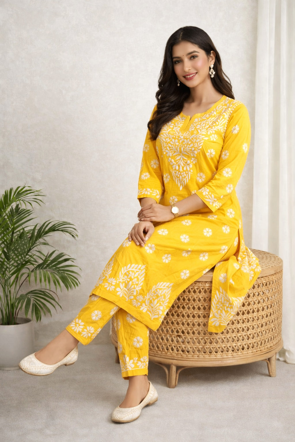Karigiri Yellow Floral Lucknowi Chikankari Long Calf Length Kurti Set (Kurti with Same Pant), Hand Embroidered Soft Cotton, Straight Fit, Three-Quarter Sleeves, Round Neck