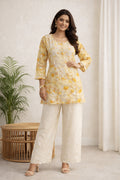 Karigiri Yellow Floral Chikankari Printed Cotton Short Kurti_KF0131