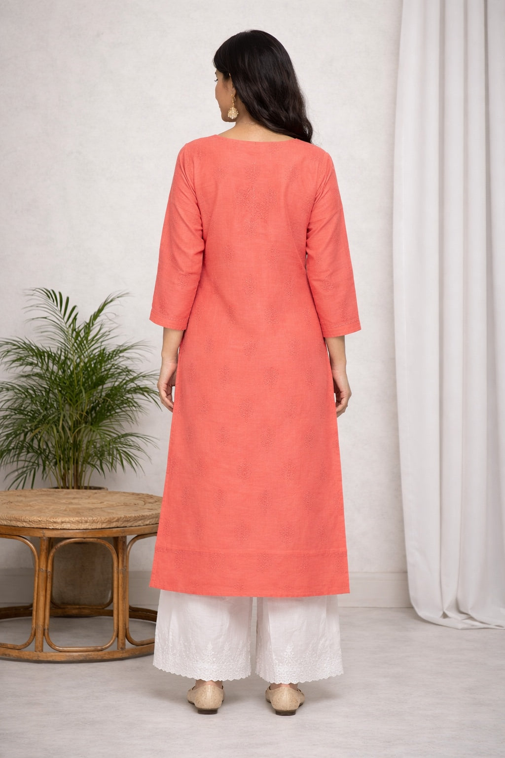 Karigiri Coral Peach Chikankari Cotton Kurti Women_KF0027