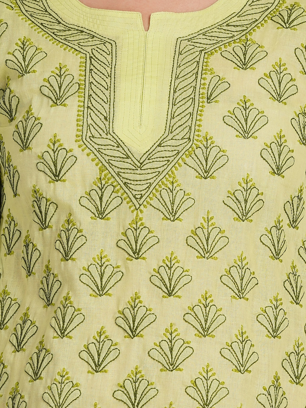 Karigiri Pistachio Green Chikankari Hand Embroidered Pure Cotton Straight Hip Length Short Kurti