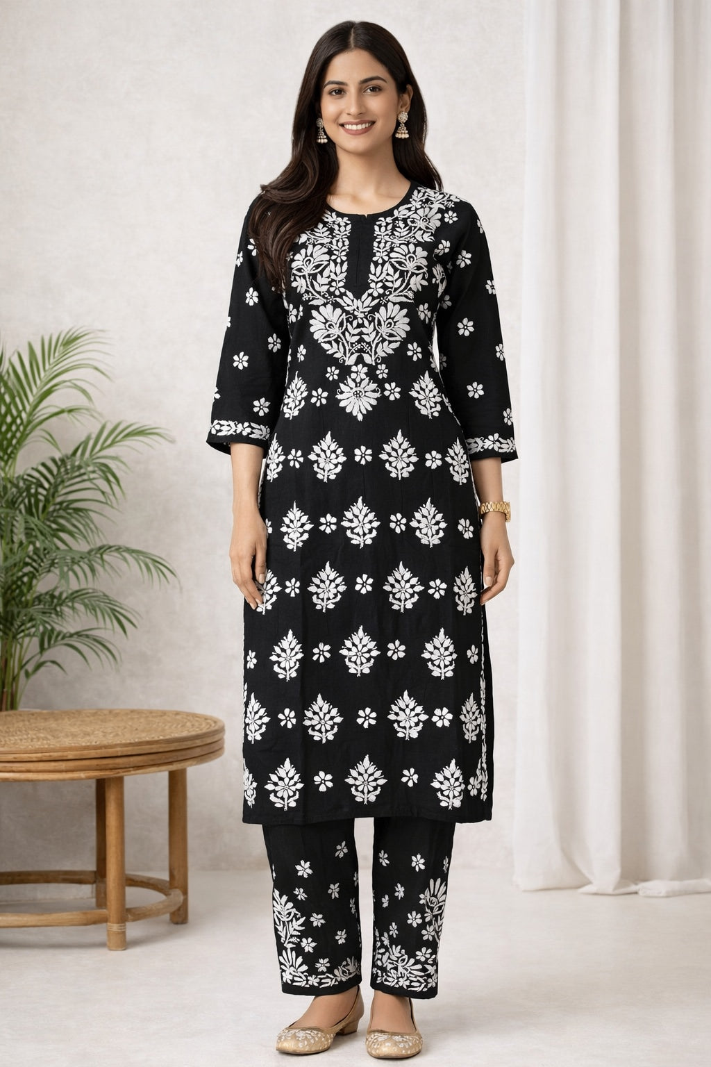 Karigiri Black White Chikankari Cotton Kurti Set_KF0009