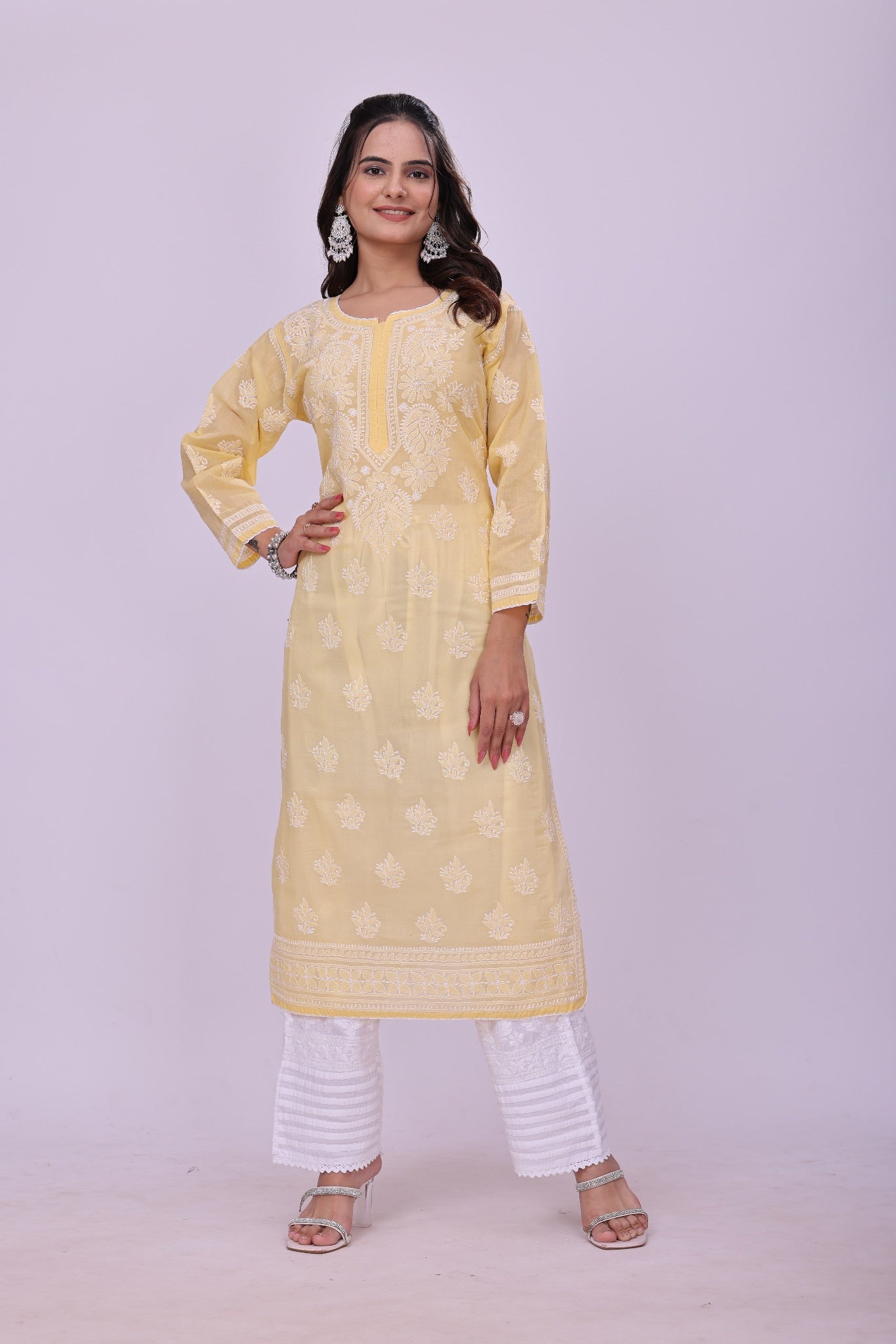 Karigiri Yellow Chikankari Pure Cotton Kurta Women_KF0077