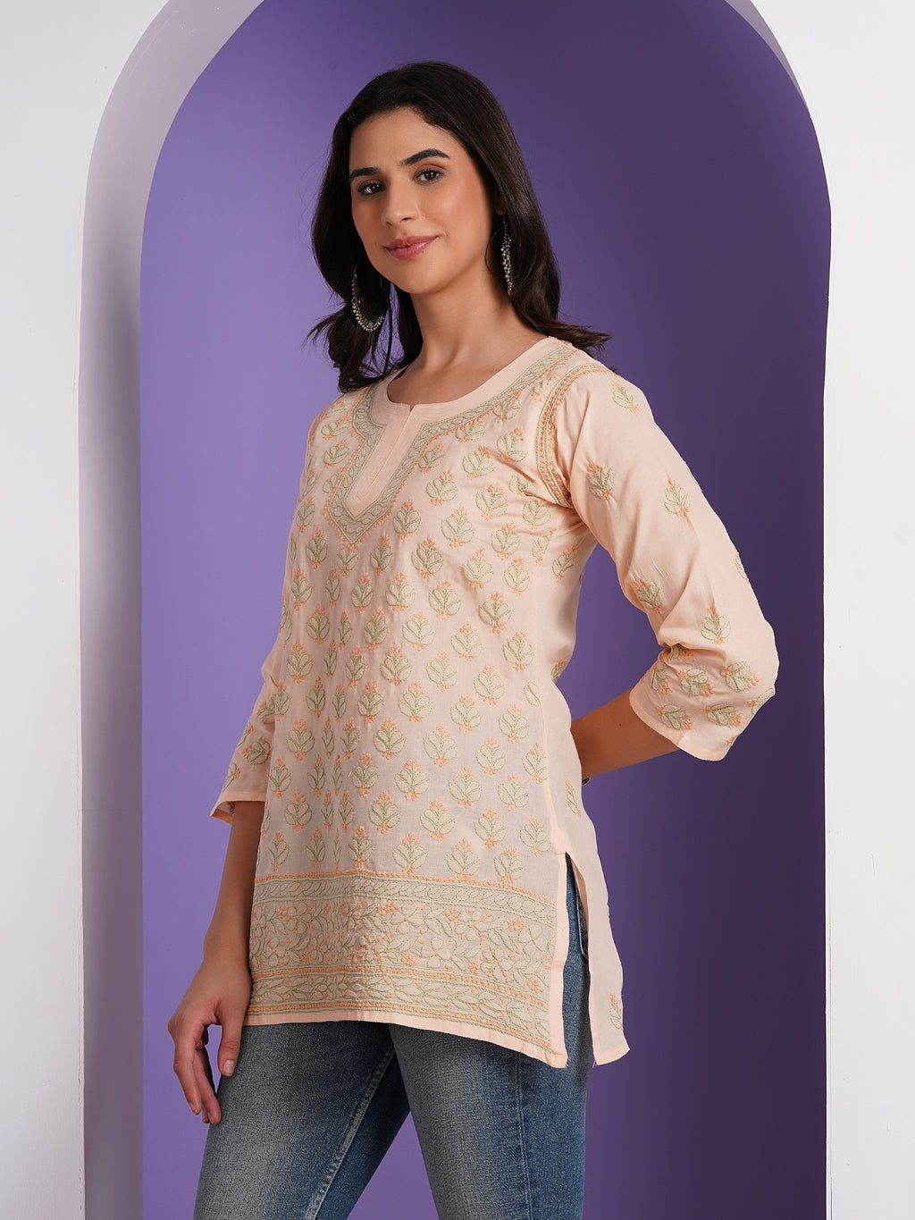 Karigiri Blush Peach Pure Cotton Chikankari Hand Embroidered Short Kurti