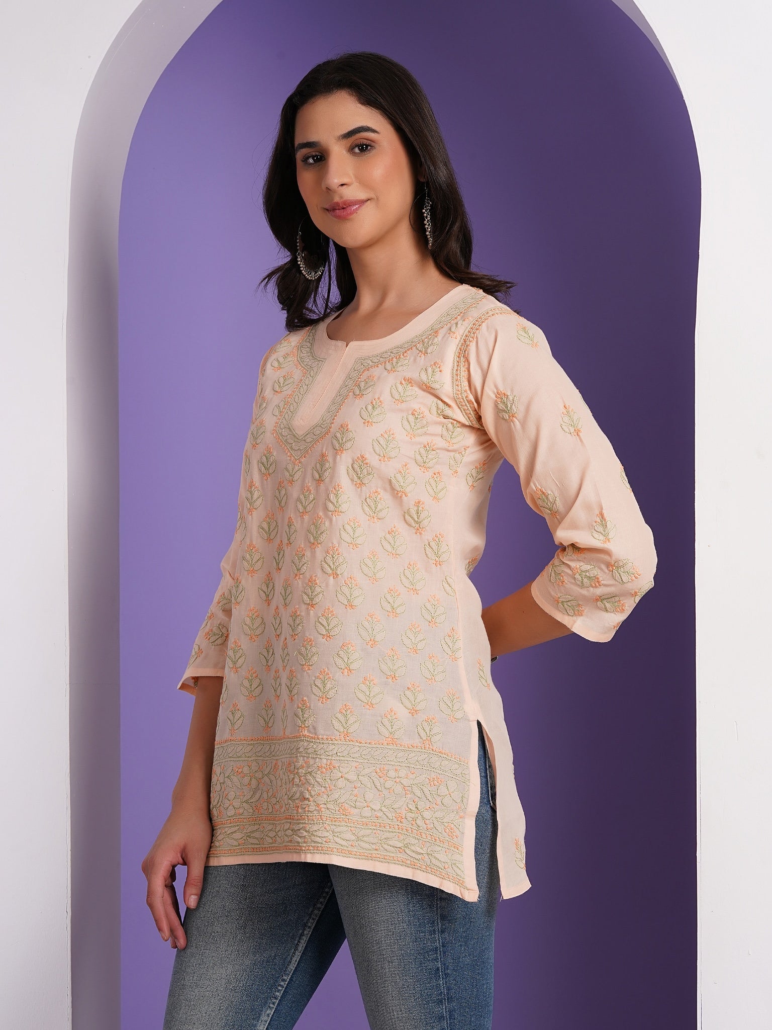 Karigiri Blush Peach Pure Cotton Chikankari Hand Embroidered Short Kurti