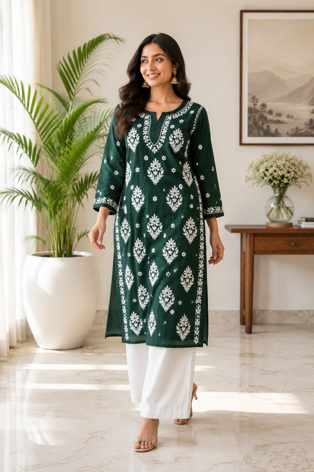 Karigiri Dark Green Chikankari Mulmul Cotton Kurti_KF0029