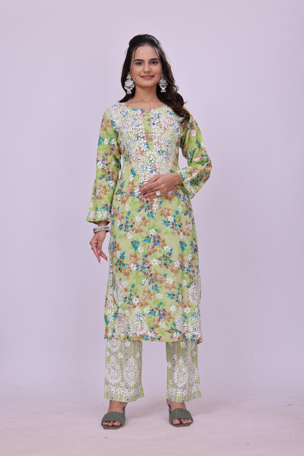 Karigiri Green Floral Chikankari Cotton Kurti Set_KF0058